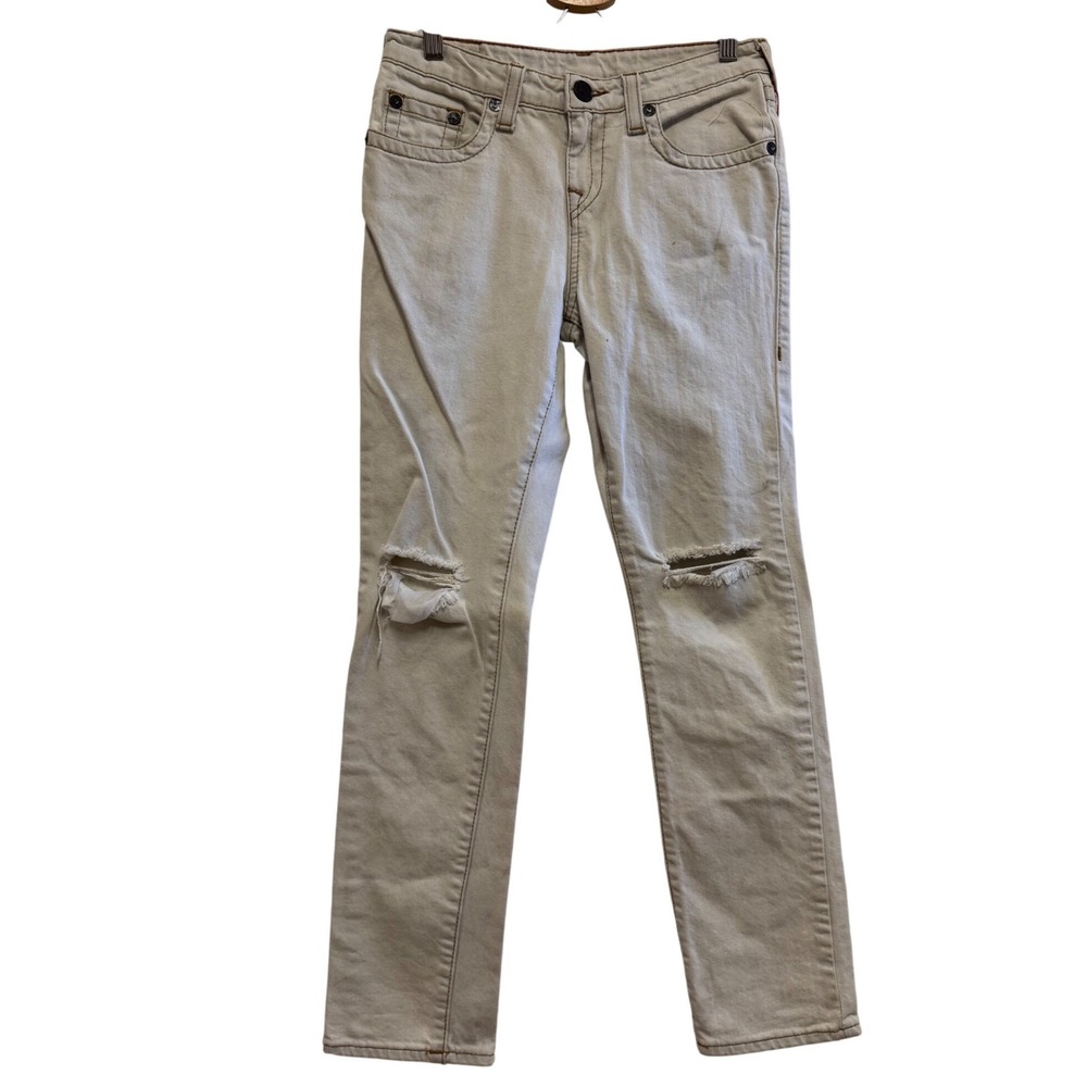 True Religion Boys Distressed Skinny Jeans Beige Tan Ripped Knee Size 14